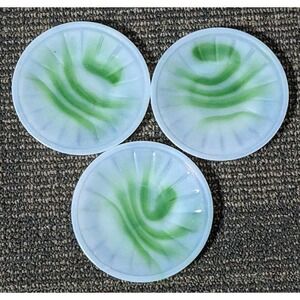 3 Akro Agate Plates Green White Slag Glass Childs Miniature Tea Set 3 1/2" Vtg
